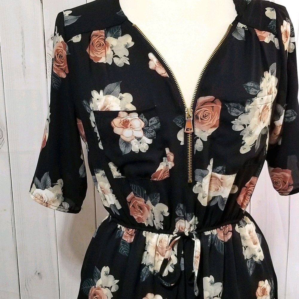 J for Justify Black Rose Print Drawstring Blouse